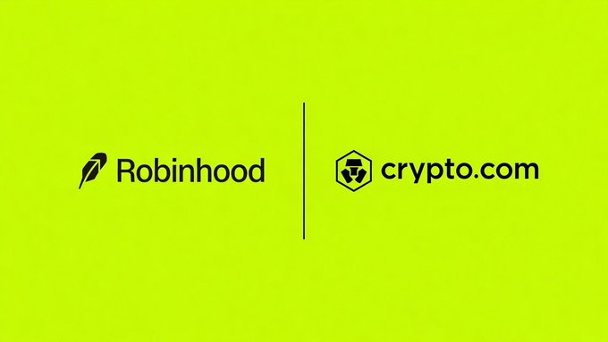 A bright green graphic displays the Robinhood logo alongside the Crypto.com logo, separated by a vertical line, visually representing the reported partnership discussions between the two companies.