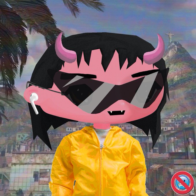 An animated/cartoon character with pink skin, black hair, small devil horns, dark sunglasses, and an earbud, wearing a yellow jacket against a backdrop of Rio de Janeiro's Christ the Redeemer statue.