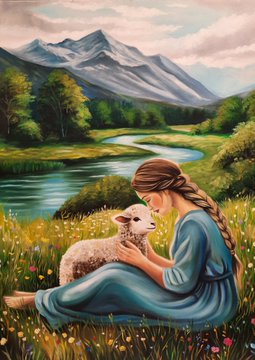 A young girl with a long braid sits in a wildflower meadow, tenderly holding a small lamb beside a serene stream with majestic mountains in the background. The pastoral scene beautifully evokes the gentle, nurturing theme of the post inviting artists to share their recent favorite creations.