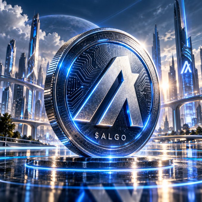 A glowing ALGO (Algorand) cryptocurrency coin displayed in a futuristic city setting with blue lighting and a large planet in the sky.