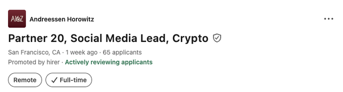 A LinkedIn job posting from Andreessen Horowitz (a16z) for a "Partner 20, Social Media Lead, Crypto" role based in San Francisco, CA — advertised as Remote, Full-time, and currently actively reviewing 65 applicants. The caption highlights an exciting crypto opportunity at a16z, encouraging driven candidates to apply.