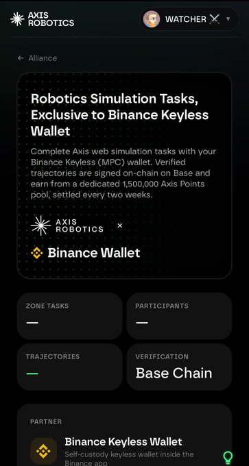 An Axis Robotics Alliance page showing 'Robotics Simulation Tasks, Exclusive to Binance Keyless Wallet' with details about completing tasks via Binance Keyless (MPC) wallet and verification on Base Chain.