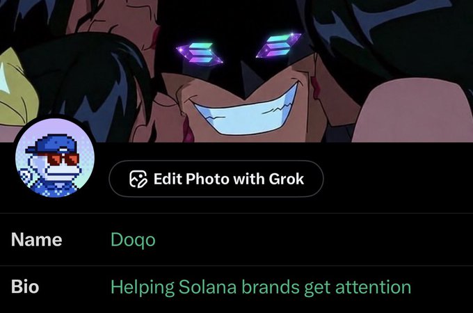 A social media profile for 'Doqo' showing an anime character avatar, with a bio that reads 'Helping Solana brands get attention,' and a prominent 'Edit Photo with Grok' button displayed.