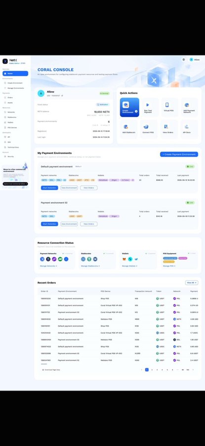 A screenshot of a web dashboard titled "CORAL CONSOLE" by NIEC, showing total NEPS volume of 15,650 NETS, payment environments for default and SE setups, resource connection status, and recent orders with tickers like NEP5, CR2V8, VENS, HMWS, and CRPNT.