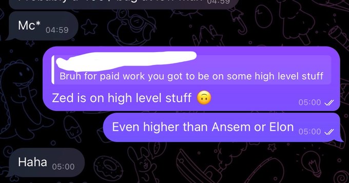 A chat screenshot where one user says 'Bruh for paid work you got to be on some high level stuff' and replies 'Zed is on high level stuff 🤓 Even higher than Anselm or Elon.'
