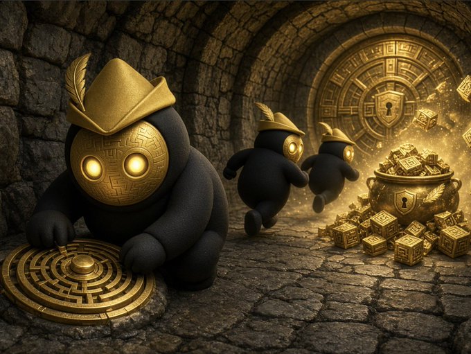 A digital artwork shows black ninja-like figures with glowing golden masks and feathered hats in a stone dungeon, one kneeling by a golden maze disc while others carry treasure toward a large vault and chest of gold.