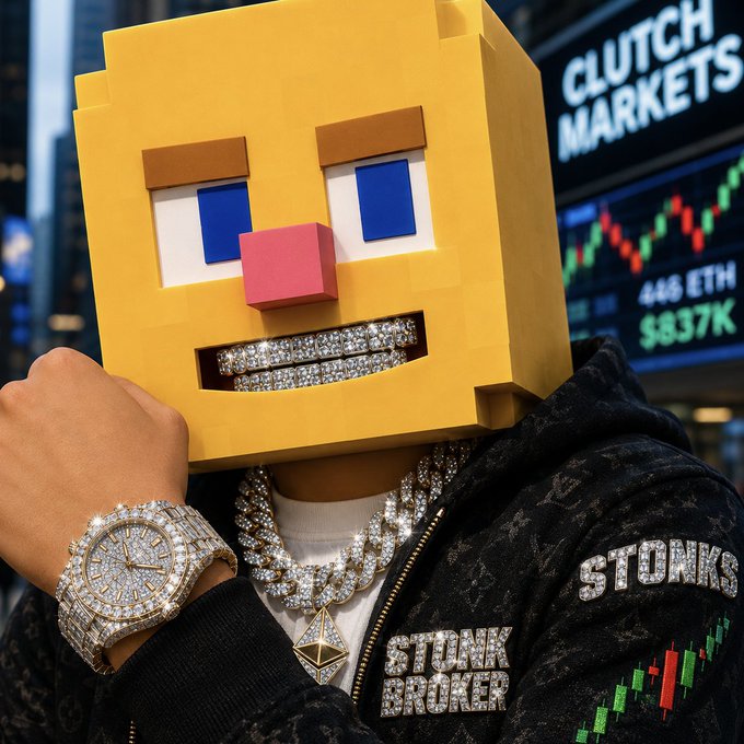 A person wearing a yellow blocky Minecraft-style head mask, diamond-encrusted jewelry, and a black hoodie with 'STONKS' and 'STONK BROKER' text, posed in front of a stock/crypto chart displaying 'CLUTCH MARKETS', '446 ETH', and '$837K'.
