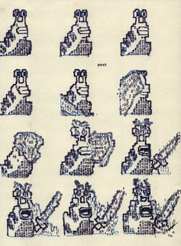 Pixel art sprites of a character wearing a sword on their back, arranged in a grid showing different poses.