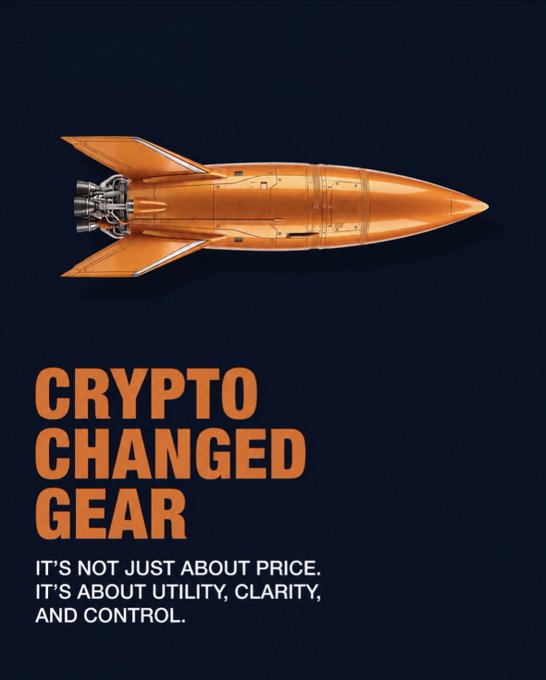A promotional graphic featuring a stylized orange rocket with text reading "CRYPTO CHANGED GEAR" and "IT'S NOT JUST ABOUT PRICE. IT'S ABOUT UTILITY, CLARITY, AND CONTROL."