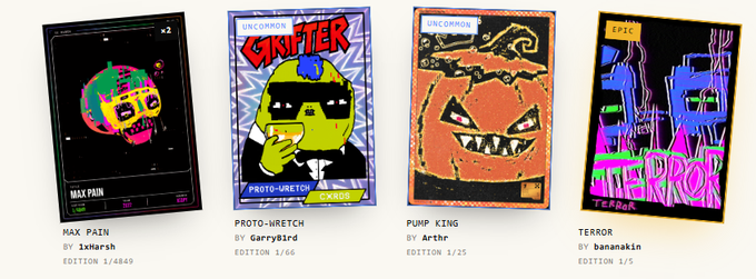 Four digital trading cards from a collection labeled 'UNICORNS', featuring titles 'MAX PAIN' by iaMarsh, 'PROTO-WRETCH' by GarryBird, 'PUMP KING' by Arthr, and 'TERROR' by bananakin, each displaying unique, gritty creature artwork and edition numbers.