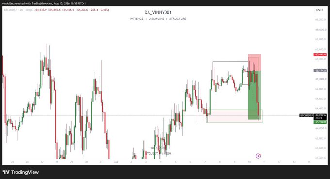 A TradingView candlestick chart for BTCUSDT with the user 'vindellator' titled 'DA_VINNY001 PATIENCE | DISCIPLINE | STRUCTURE', showing a 'Long' position marked in green.