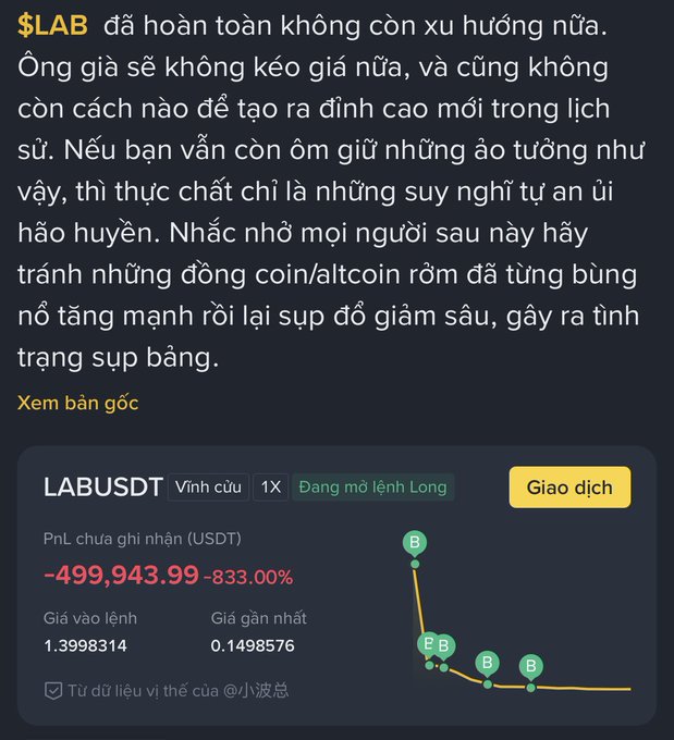 A Vietnamese cryptocurrency post warning about $LAB, stating it no longer has upward momentum, accompanied by a trading chart showing an unrealized PnL of -499,943.99 USDT (-833.00%) on the LABUSDT perpetual contract.