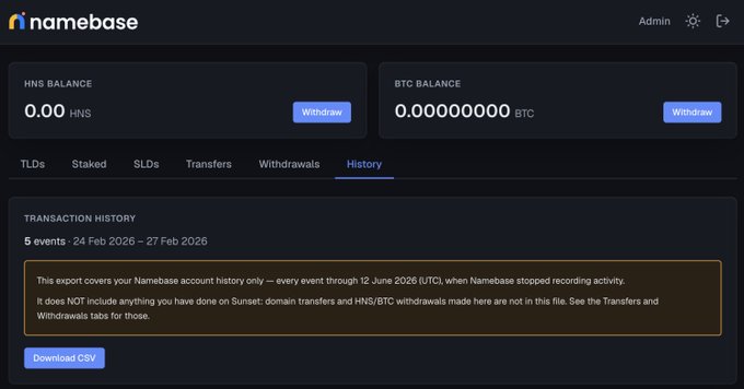 Namebase admin dashboard showing HNS and BTC balances (both at 0.00), with the History tab selected displaying 5 transaction events from 24–27 Feb 2026 and a note that the export covers activity through 12 June 2026.