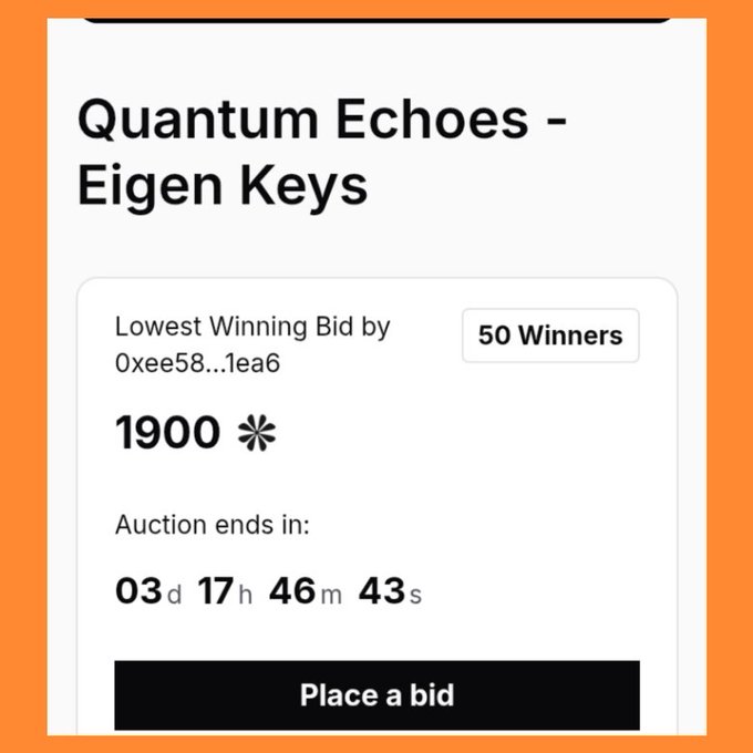 A digital auction interface titled 'Quantum Echoes - Eigen Keys' showing a lowest winning bid of 1900, 50 winners, a countdown timer of 03d 17h 46m 43s, and a 'Place a bid' button.