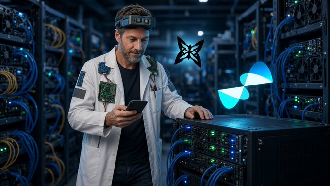 A digital illustration of a bearded scientist wearing a white lab coat with electronic components and a VR/AR headset, standing in a server room with abstract butterfly and infinity-like logos floating nearby.