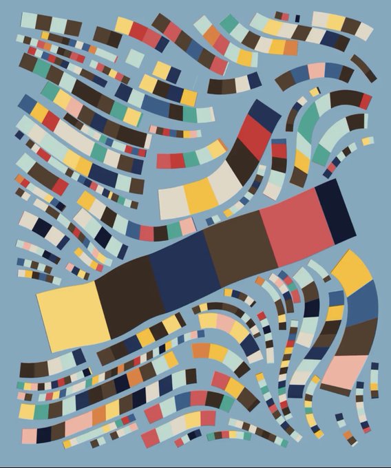 An abstract digital artwork featuring a swirling, fingerprint-like pattern composed of colorful rectangular segments in blue, red, yellow, brown, and other hues against a light blue background.