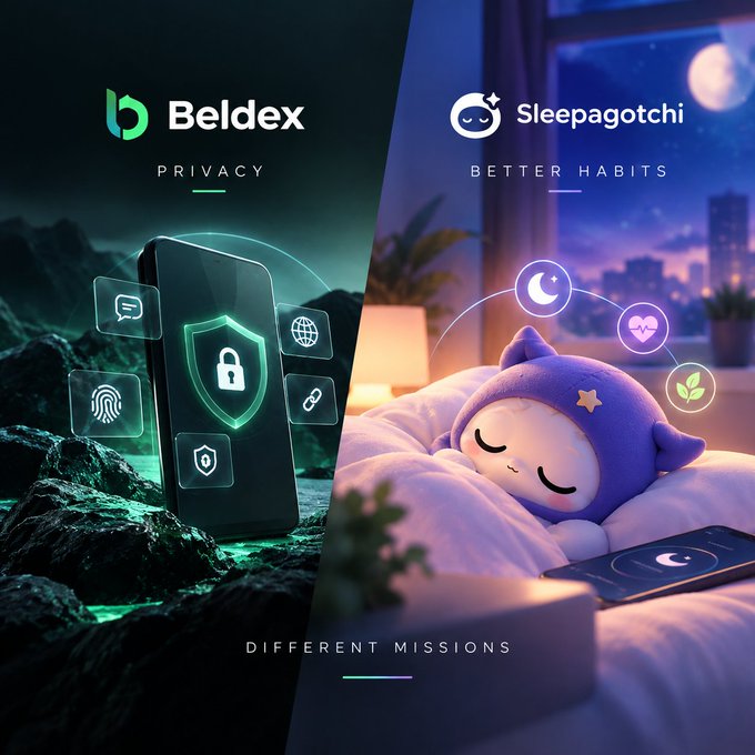 A split promotional graphic contrasting two app concepts: 'Beldex' with the tagline 'PRIVACY' (showing a phone with security icons on the left) and 'Sleepagotchi' with the tagline 'BETTER HABITS' (showing a sleeping plush character on the right), united by the bottom text 'DIFFERENT MISSIONS'.