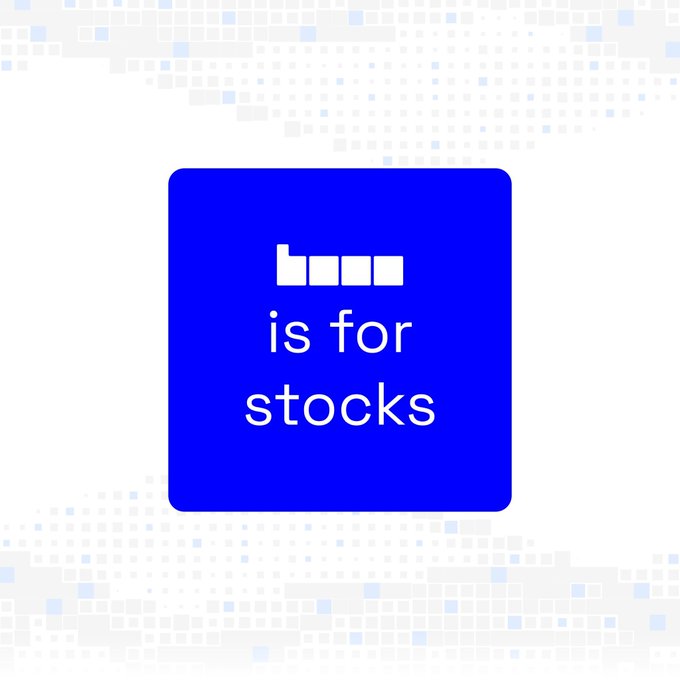 A blue square logo with rounded corners displaying a small bar chart icon and the white text 'is for stocks' on a light gray pixelated background.
