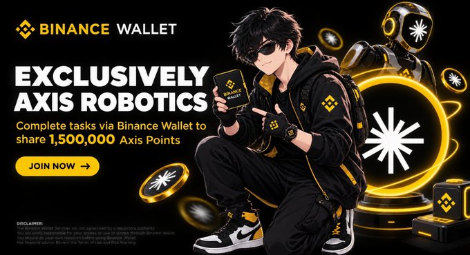 Promotional banner for Binance Wallet featuring an anime-style character holding a Binance Wallet card next to a robot, advertising an exclusive Axis Robotics campaign to share 1,500,000 Axis Points.