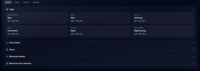 An NFT marketplace interface displaying traits including background 'Blue' (15%), 'Sad Fang' mouth (16%), and others with their rarity percentages.