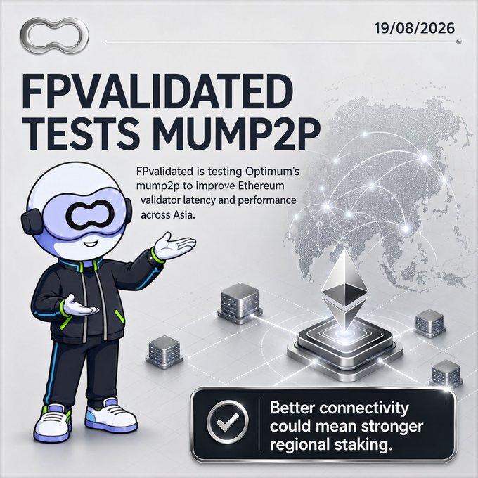 The image is a promotional graphic dated 19/08/2026 announcing that FPvalidated is testing Optimum's mump2p technology to reduce Ethereum validator latency and improve staking performance across Asia, featuring a cartoon mascot alongside a map highlighting regional connectivity nodes. The accompanying post underscores the significance of this trial, noting FPvalidated's research credibility and the real-world institutional staking implications for Korea, where geographic network challenges make latency a critical operational concern—aligning with the graphic's message that improved connectivity could strengthen regional staking.