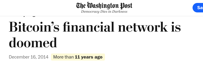 Headline from The Washington Post dated December 16, 2014, declaring 'Bitcoin's financial network is doomed' under their tagline 'Democracy Dies in Darkness.'