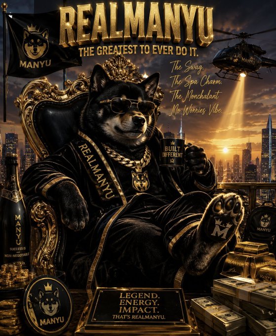 A stylized 'REALMANYU' promotional poster featuring a Shiba Inu dog wearing sunglasses, a gold chain, and a robe, sitting on a throne holding a 'BUILT DIFFERENT' mug against a sunset cityscape, surrounded by gold bars and champagne.