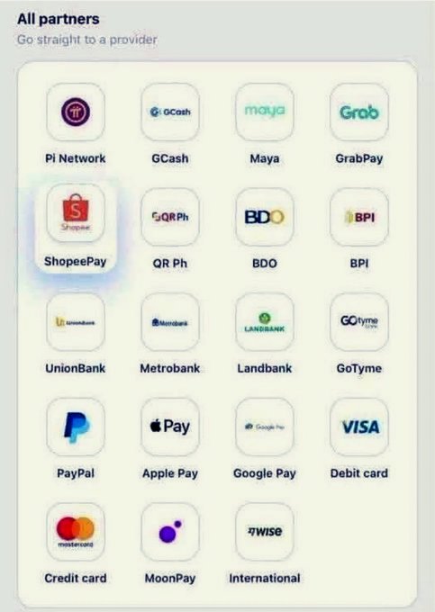 A list of payment provider logos shows Pi Network appearing alongside major financial services like GCash, Maya, GrabPay, ShopeePay (highlighted), and options including PayPal, Visa, Mastercard, and Apple Pay. This visual confirms Pi Network's integration into the global payment ecosystem as highlighted in the post "Pi Officially Joins the Global Payment Ecosystem #PiNetwork."