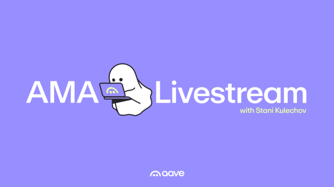 A purple promotional banner for an AMA livestream featuring an illustration of a ghost using a laptop, displaying the text "AMA Livestream with Stani Kulechov" along with the Aave logo at the bottom.