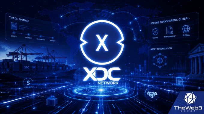 The image shows a promotional graphic for the cryptocurrency XDC Network, with a blue color scheme and various symbols representing digital assets and trading platforms within a futuristic cityscape setting. The text "For years the" refers to the history of tokenization in trade finance, while "Tokenization of Trade Finance" is directly mentioned as the context or purpose behind this new initiative. The post also provides more details on how XDC Network is aiming to change the way trading platforms operate within a digital economy by leveraging blockchain technology.