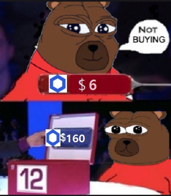 A cartoon bear says “NOT BUYING” at $6 before the Chainlink ticker ($LINK) appears at $160, suggesting LINK “flew to quality” and outperformed expectations.