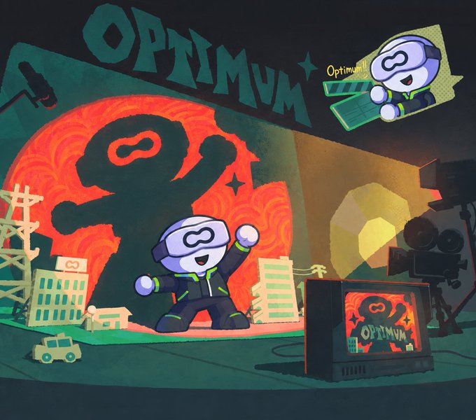 An animated scene featuring a cartoon robot mascot with 'OPTIMUM' branding displayed in large green letters against a fiery red background, with film equipment and miniature buildings in the foreground.