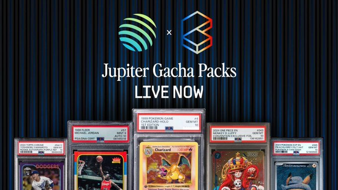 Promotional banner for 'Jupiter Gacha Packs LIVE NOW' featuring logos and graded collectible cards including a 1999 Pokemon Game Charizard Holo (GEM MT 10), 1996 Fleer Michael Jordan (#57 MINT 9), 2024 Topps Chrome Shohei Ohtani, 2024 One Piece Bo Monkey D Luffy, and 2023 Pokemon Suicune Ex.