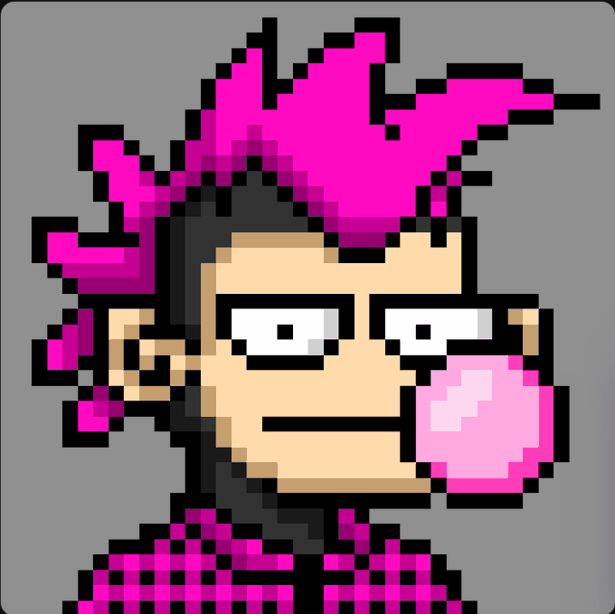A pixel art illustration depicts a character with spiky bright pink hair blowing a pink bubblegum bubble, wearing a pink and black checkered shirt.