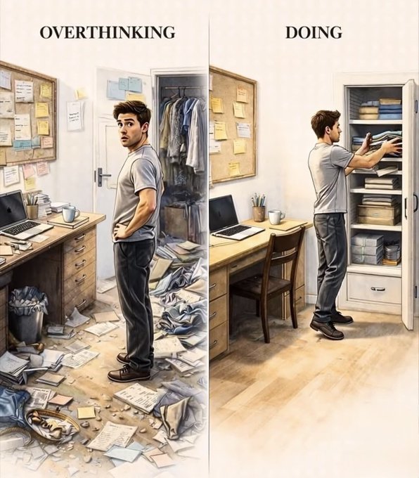 A two-panel illustration contrasting 'OVERTHINKING' with 'DOING'; the left shows a man in a messy, cluttered room, while the right shows him organizing a clean wardrobe.