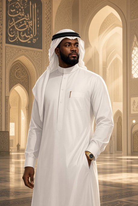A digitally rendered image depicting a figure wearing traditional white Arab clothing (thobe and ghutra) standing in an ornate hall with Islamic calligraphy.