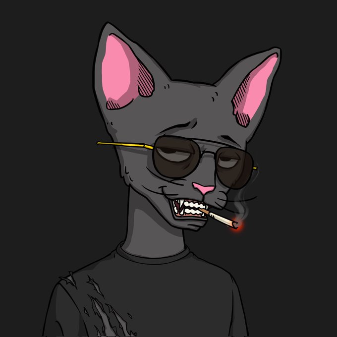 This image depicts a cartoonish gray cat wearing sunglasses and smoking a cigarette, embodying the "GOAT" vibe mentioned in the post about Solana NFTs in March 2022.