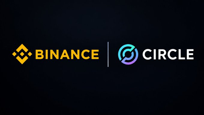 The image displays the Binance logo alongside the Circle logo separated by a vertical line on a dark background, visually representing the partnership in which Binance is investing $100M in Circle.