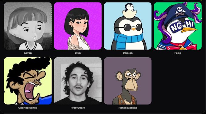 Grid of 7 NFT character avatars labeled Azfin, Citlin, Damien, Fogo, Gabriel Haines, ProofOfEly, and Rahim Mahtab.