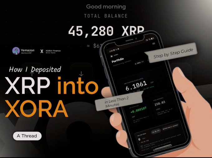 A promotional graphic titled 'How I Deposited XRP into XORA' by Yamazon, showing a phone screen with a 'Step by Step Guide' and 'in Less Than 2 Minutes' banner, displaying a portfolio balance of 6.1061 XRP.