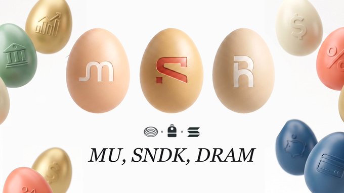 Colorful 3D-rendered eggs featuring financial symbols (charts, dollar signs, piggy banks, credit cards) are arranged with the text 'MU, SNDK, DRAM' and Micron and SanDisk-style logos displayed below.