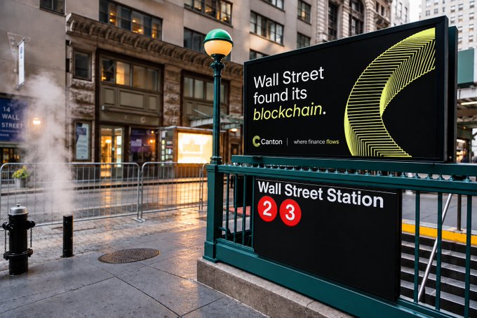 A street-level view outside Wall Street Station (serving the 2 and 3 trains) features a large Canton advertisement reading "Wall Street found its blockchain" with the tagline "where finance flows," directly tying the brand's message to the iconic financial district setting.