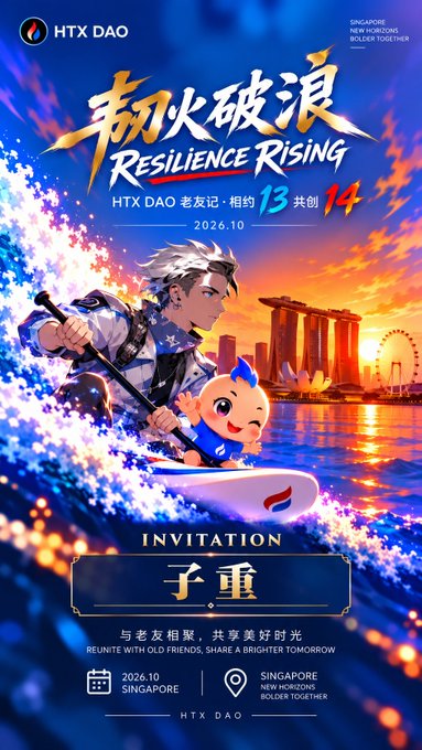 An invitation-style promotional poster for an HTX DAO Singapore event titled "Resilience Rising" (韧火破浪), featuring an anime-style character with white hair surfing on waves alongside a small mascot, with Singapore's Marina Bay Sands skyline in the background. The poster displays event details including dates "13–14" (October 2026), the attendee name "子重" (Zizhong), and tags like "HTX DAO," "TOKEN2049," and "BOLDER TOGETHER," which aligns with the accompanying post about attending HTX events at TOKEN2049 Singapore.