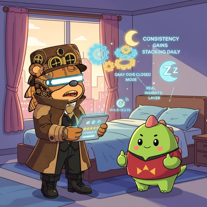 A cartoon illustration of a steampunk-style bear character in a hat and goggles holding a tablet, standing next to a green dinosaur-like creature in a bedroom setting, with text highlighting 'CONSISTENCY GAINS STACKING DAILY', 'CLOSED MODE', 'REAL INSIGHTS LAYER'.