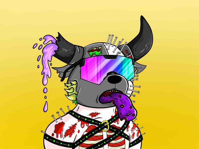 A cartoon NFT-style illustration of a dark gray bull/cow character wearing iridescent VR goggles and a spiked headband, with a purple tentacle tongue, a bleeding green brain visible, and pins/straps on its body, set against a yellow background.