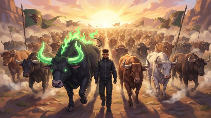 A man leads a massive stampede of cattle at sunrise, flanked by a glowing-eyed black bull with green flaming horns, with green bull banners flying amid dusty plains — capturing the post's "Dawn charging." theme of an unstoppable, bullish market rally.