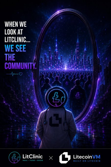 A promotional graphic for LitClinic and LitecoinVM reads 'WHEN WE LOOK AT LITCLINIC... WE SEE THE COMMUNITY.' above an astronaut looking through a portal at a neon-lit city and crowd.