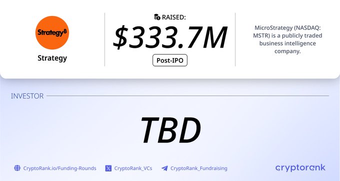 The image displays a CryptoRank funding summary for Strategy (MicroStrategy, NASDAQ: MSTR), highlighting a $333.7M Post-IPO funding round with "TBD" listed as the investor.