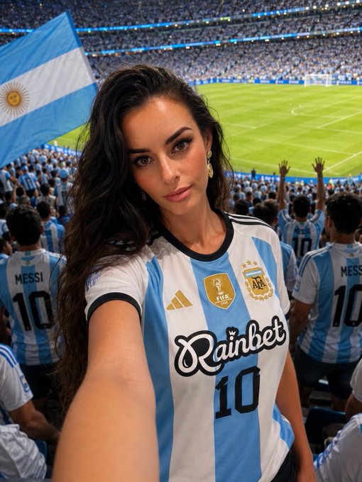 A woman in a light blue and white striped Argentina #10 Messi jersey takes a selfie at a stadium, with an Argentine flag waving and fans wearing matching jerseys behind her. The jersey features a "Rainbet" sponsor logo, tying into her post crediting the betting platform after her newfound interest in the match paid off.