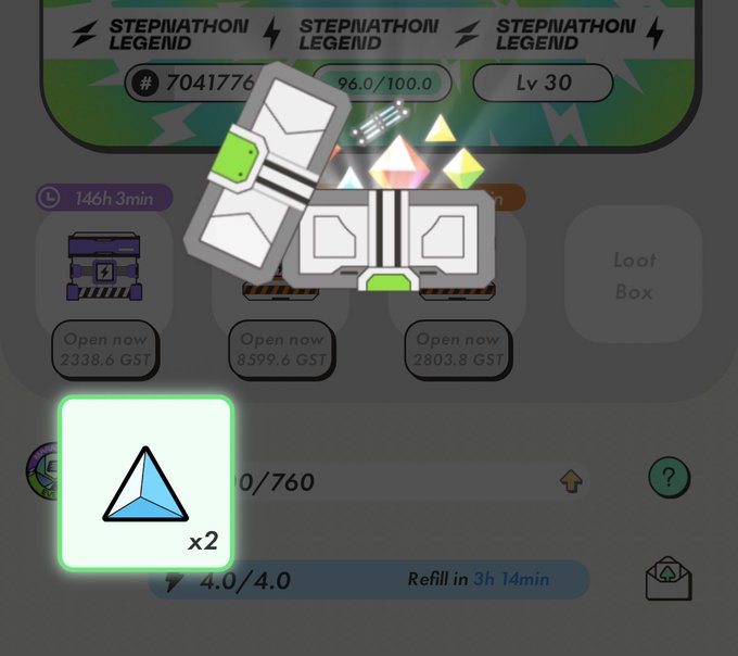 The image features an item from a video game called 'Stepnipathon Legend' where a player has found a diamond that can be used as a power-up, worth 2 points or 70,000 units of energy.